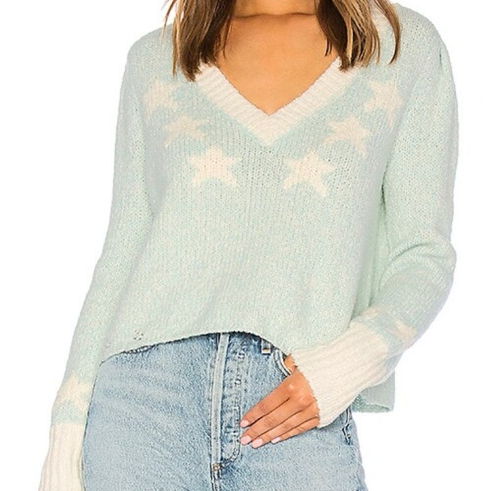 Wildfox Star Girl‎ Ace Sweater M Blue White Distressed V-Neck